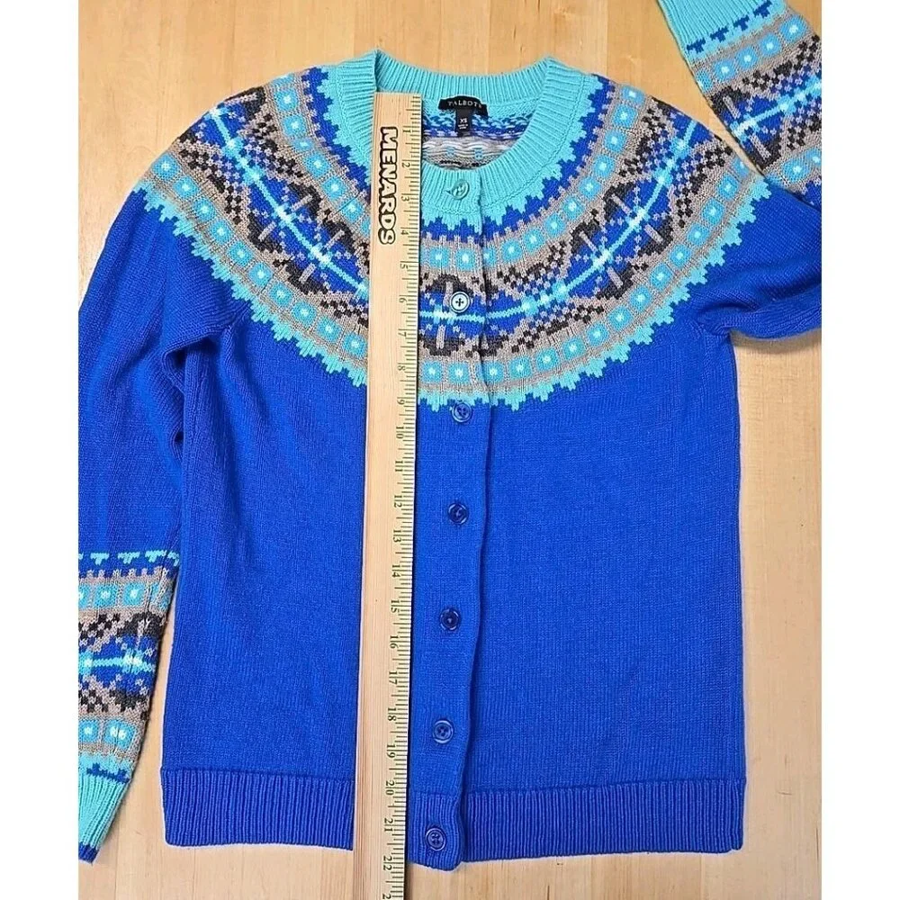 Talbots Nordic Fair Isle Cardigan Sweater Womens Size XS Lambswool Blend Blue - Picture 6 of 8